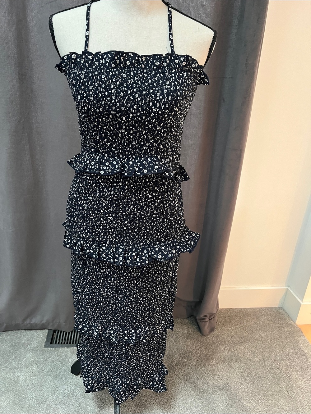 Vici Black Floral Smocked Tiered Ruffle Maxi Dress
